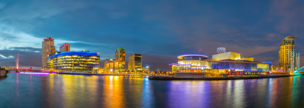 View of the Lowry theater in Manchester during sunset, England